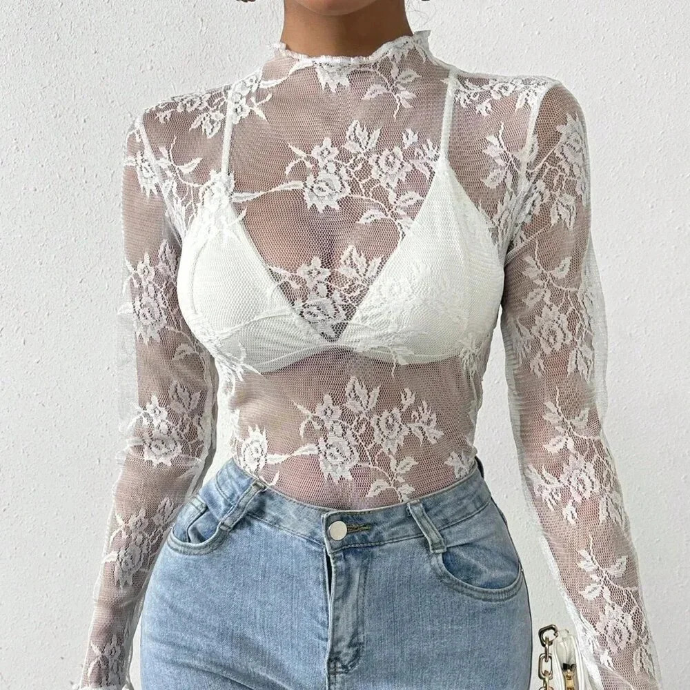 White Sexy Women's Lace Ruffle Hem Sheer Top
